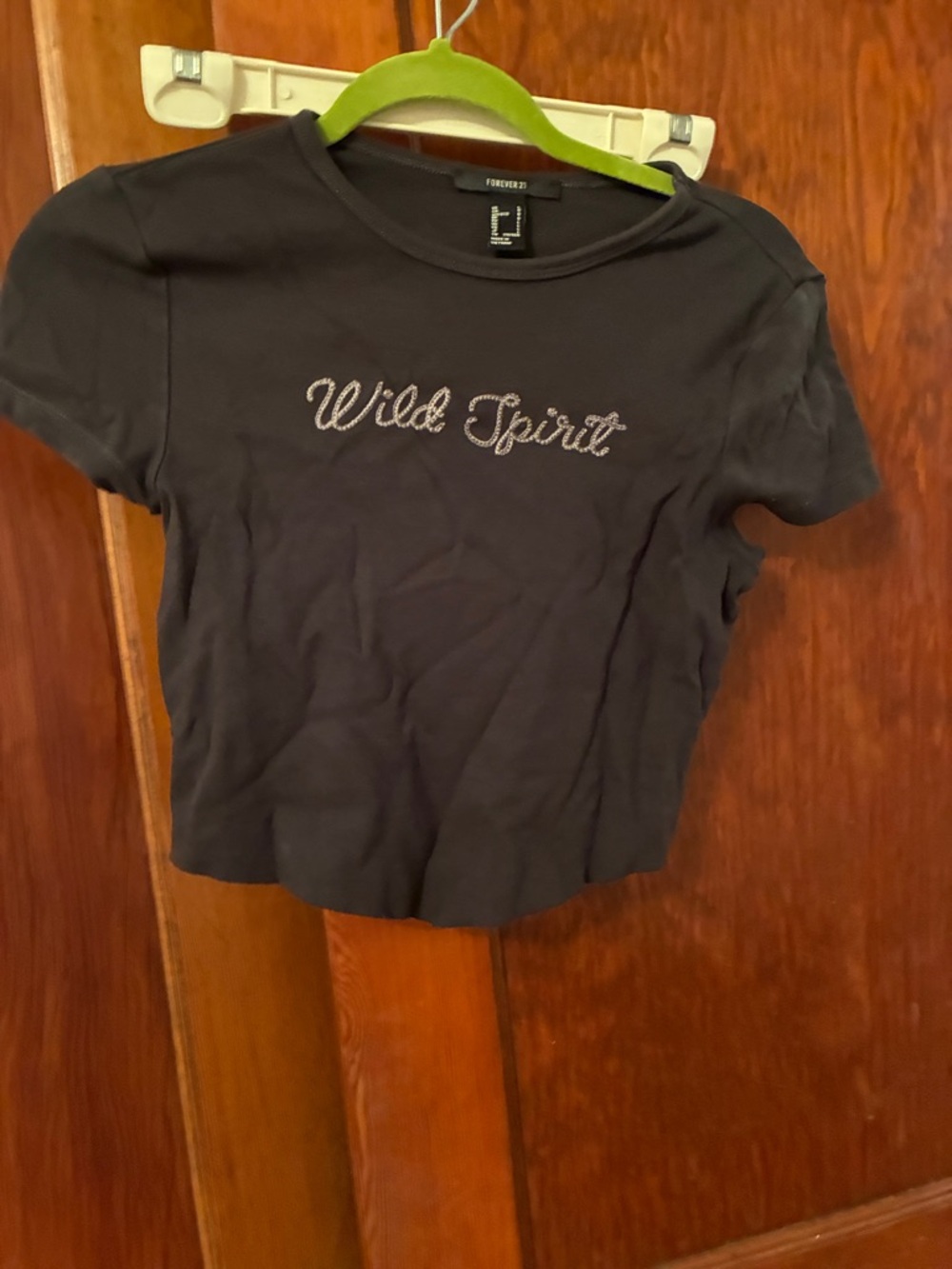 Forever 21 Black Crop Top with Silver 'Wild Spirit' Embroidery